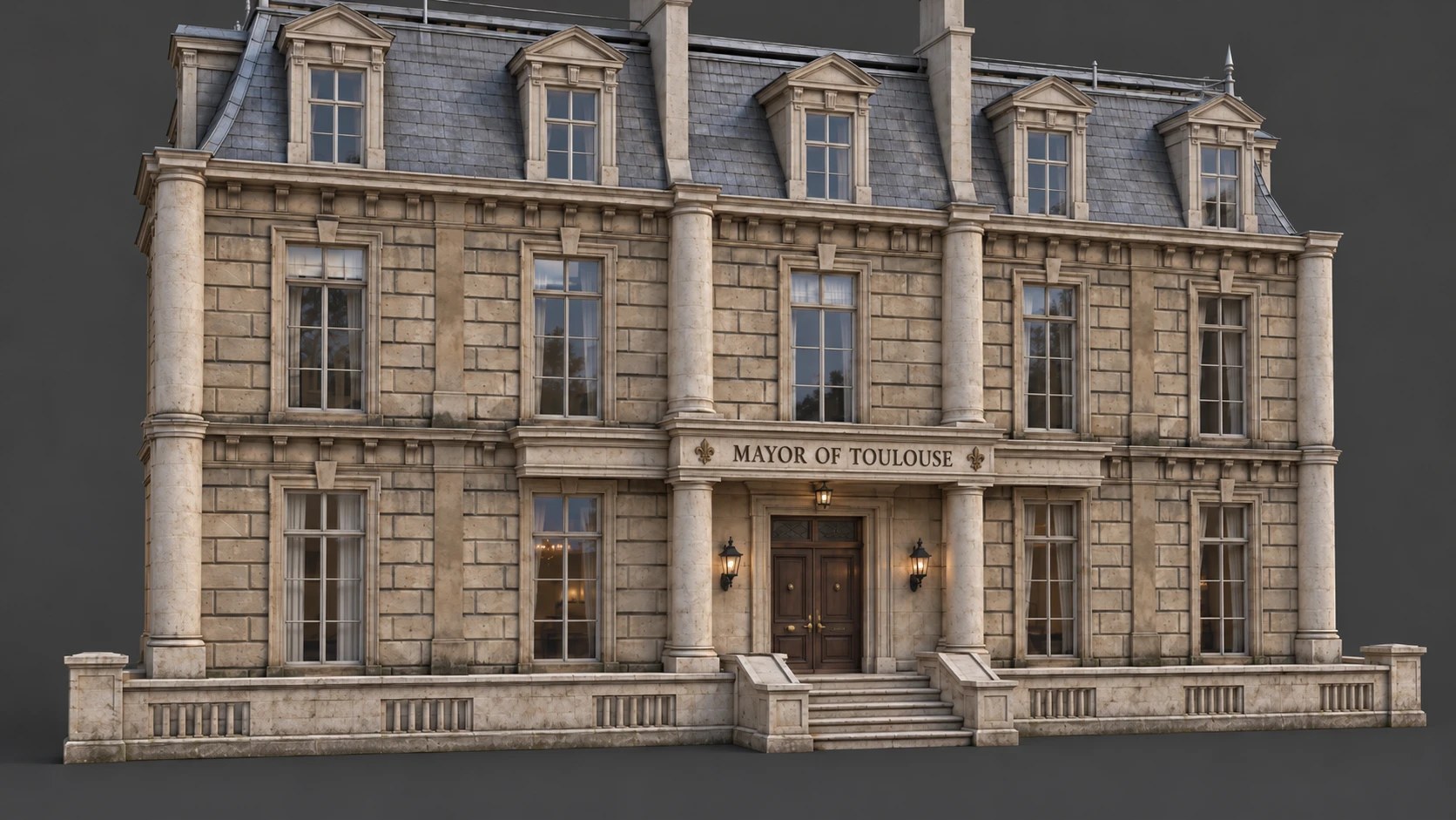 The builder's town hall model: a three-storey limestone facade with a slate mansard roof, five dormers, paired columns, a portico with a double wooden door and the plaque MAYOR OF TOULOUSE