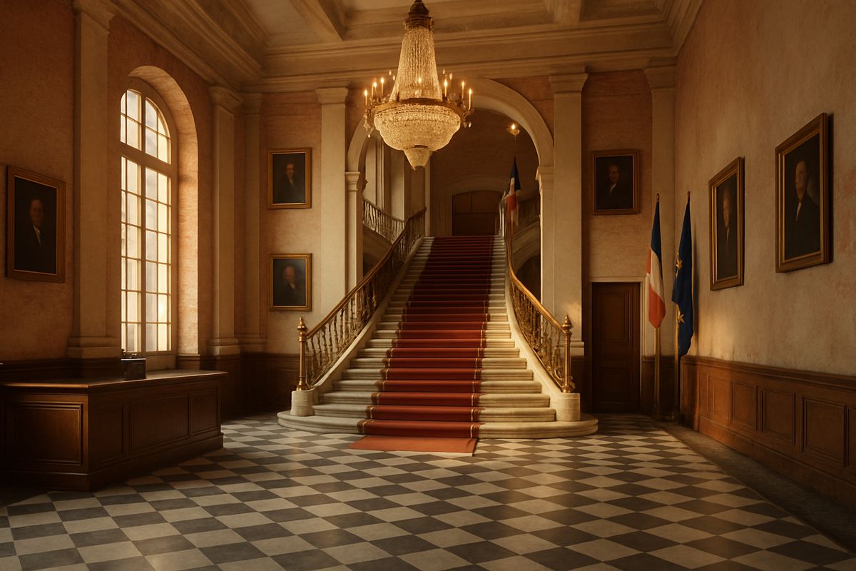 Concept: a marble lobby with a grand double staircase, red runner and chandelier