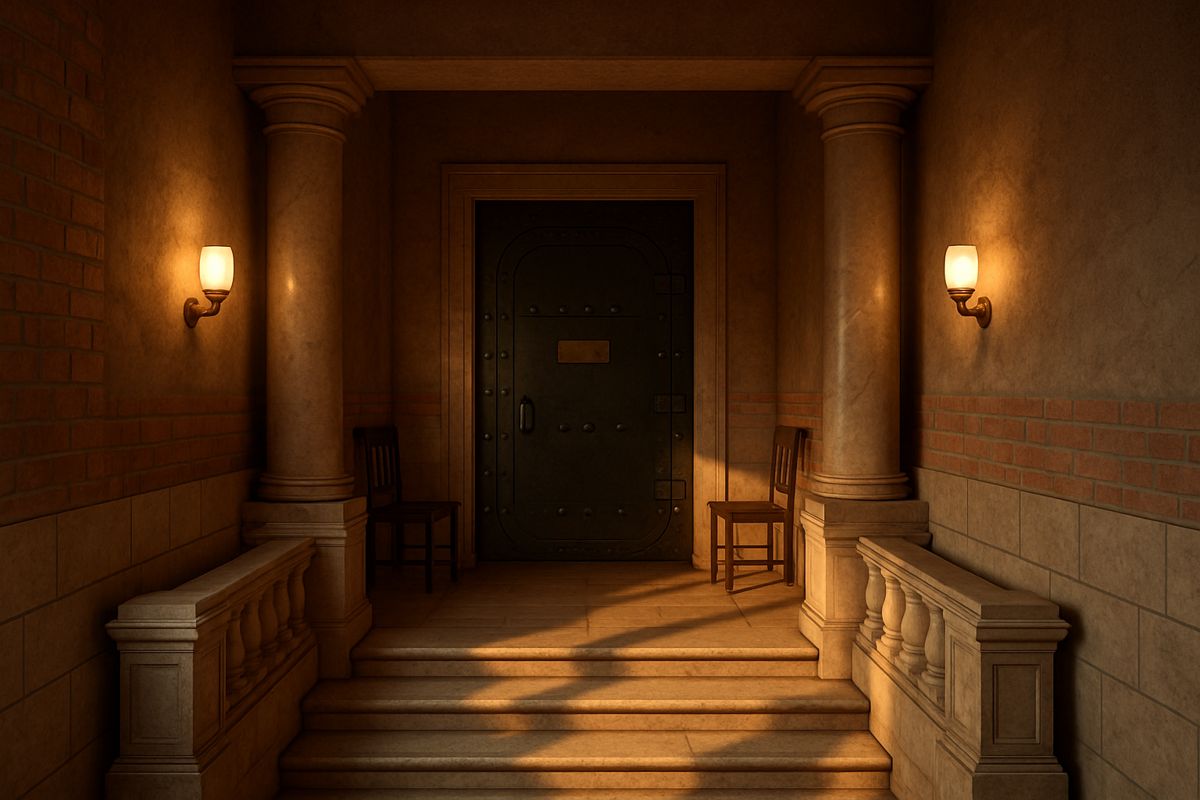 Concept: a riveted black iron door at the top of a marble stair, two empty guard chairs