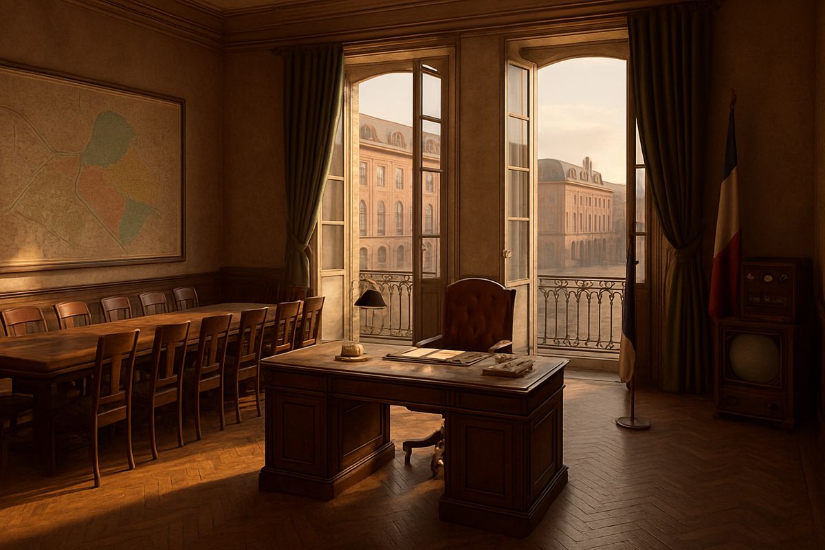 Concept: a mayor's office with a walnut desk before French doors to a balcony, a long council table, a wall map and a television cabinet