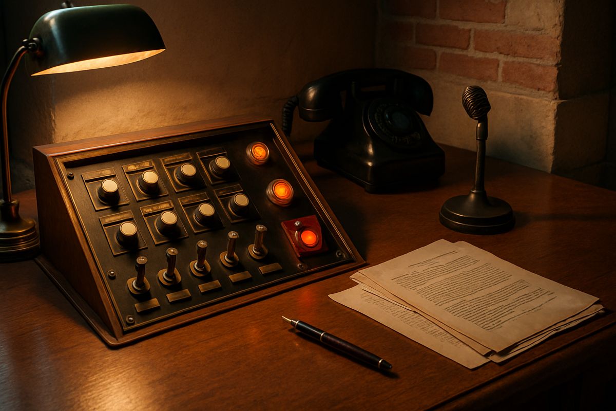Concept: a walnut desk console with three rows of brass buttons and levers, a red guarded button, a telephone and a microphone