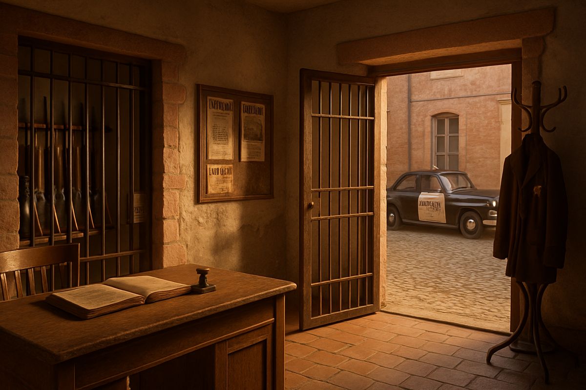 Concept: a sheriff's booking room with an oak desk, rifle rack, holding cell and a door to a yard with a police car