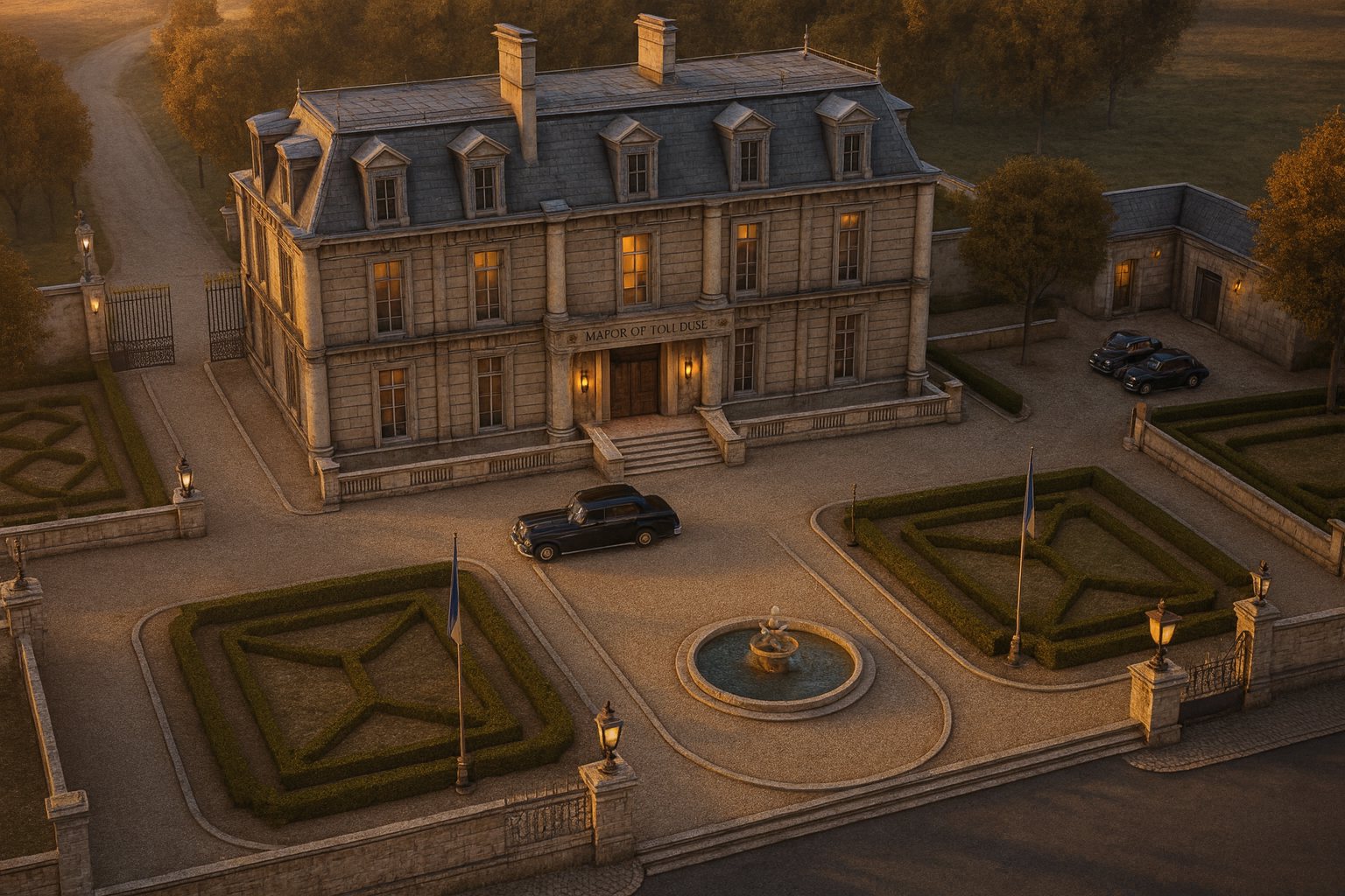 Concept: the town hall at the end of a gravel avenue with iron gates, plane trees, a fountain loop, parterre gardens, flags and a Sheriff yard to one side