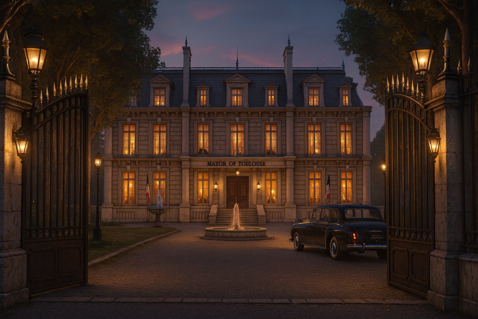 Concept: looking through iron gates down a lamp-lit avenue to the town hall at dusk