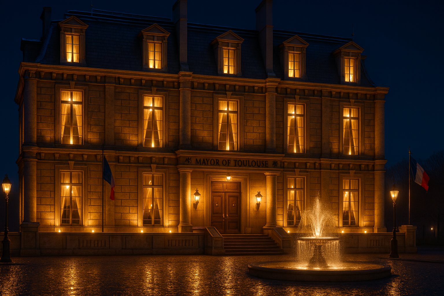 Concept: the town hall lit at night from its forecourt, fountain and lamps lit